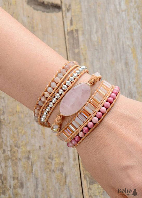 Boho Bracelet, 5 Layers Leather Wrap Bracelet, Pink Pastel, Rhodonite